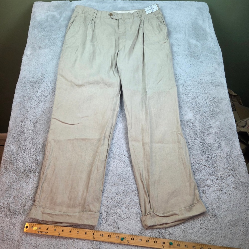 Allen Solly Linen Trousers Mens 36 Pleated Cuffed Italian Made Luxury Pants Tan